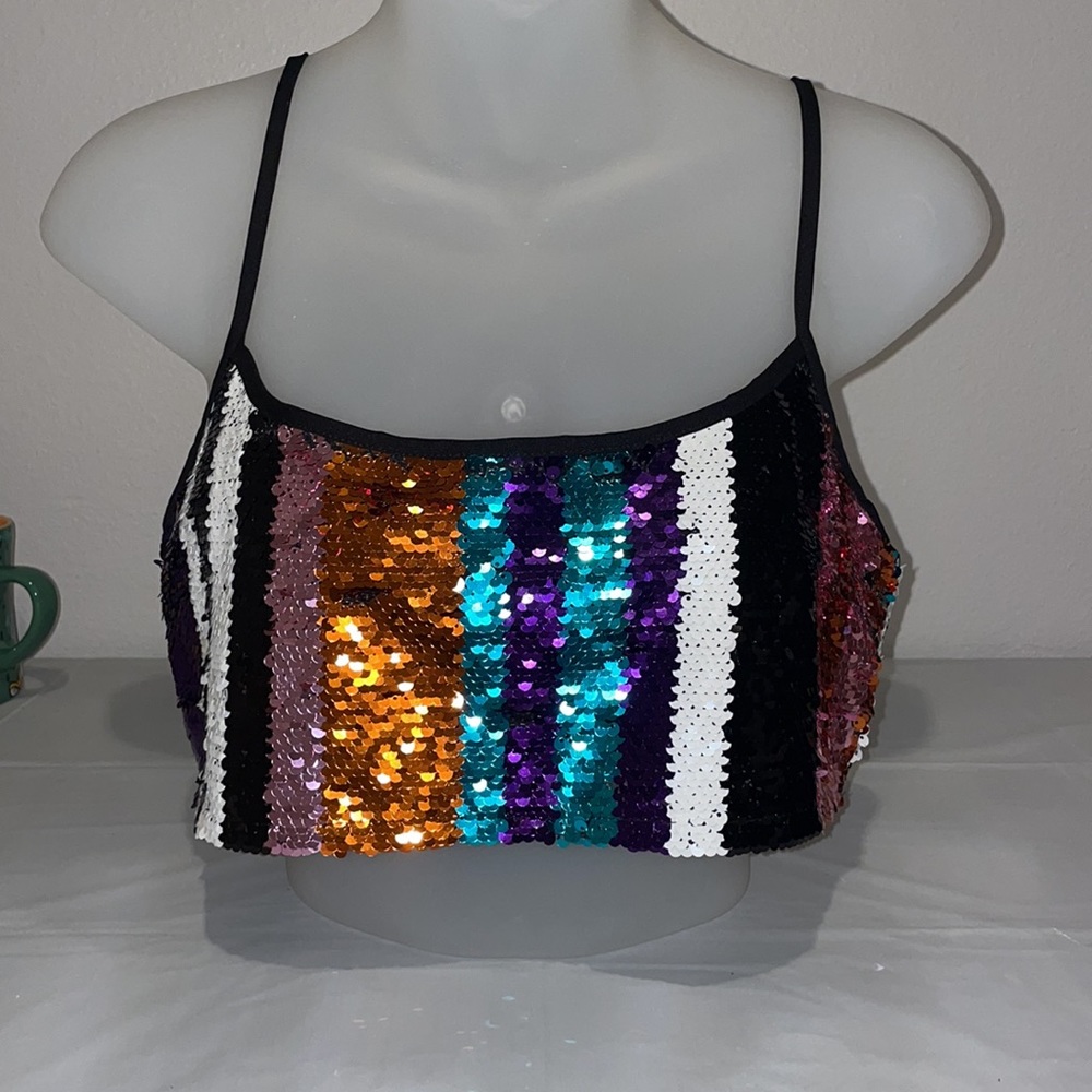 Diffuse sequin crop top striped multicolor ladies size 10 party sparkle orange